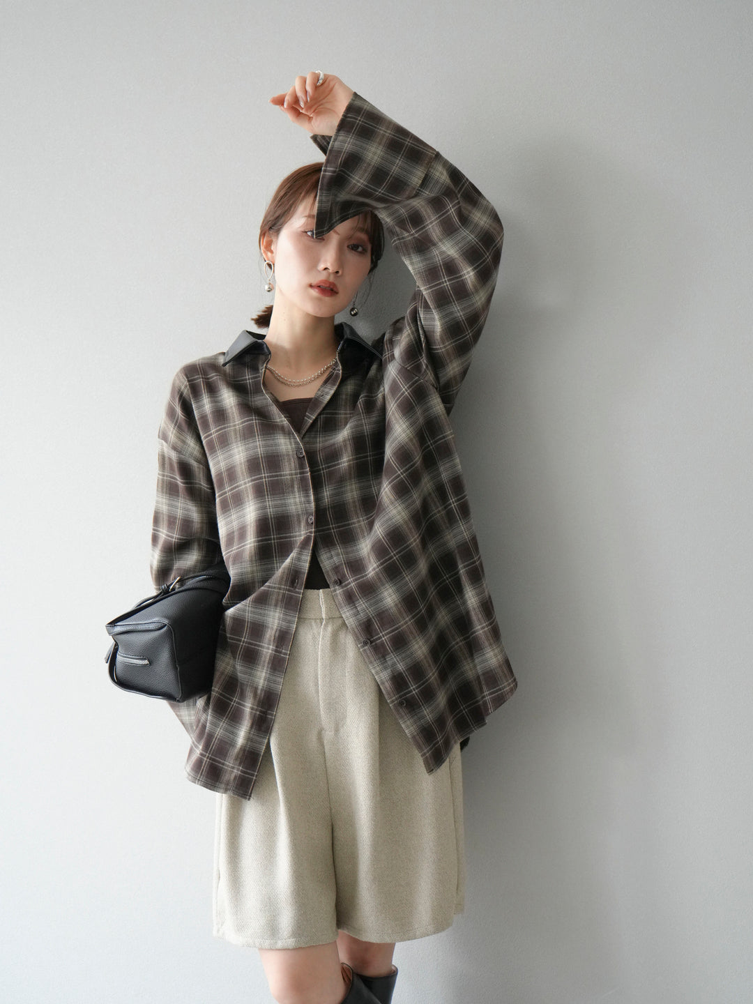 [SET]レザー襟オンブレチェックオーバーシャツ +ツイードハーフパンツ(2set)