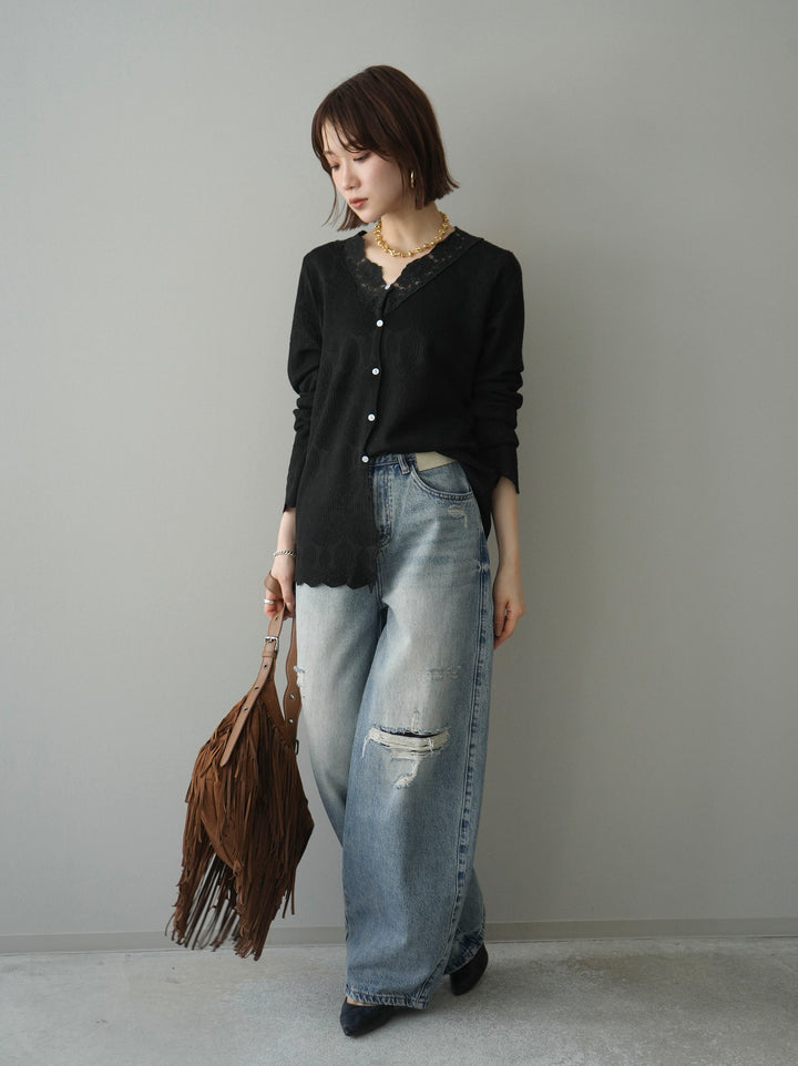 [SET]レースネックジャガードニットカーディガン+ダメージデニムセミワイドパンツ(2set)