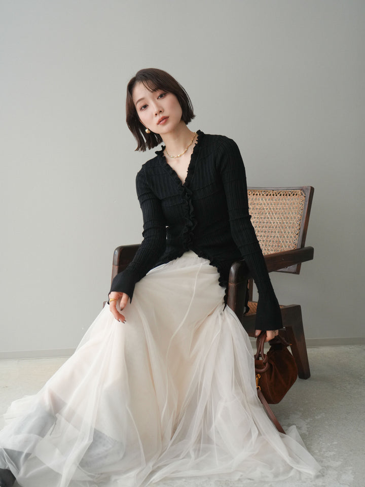 [予約]フロントフリルリブニットカーディガン/black