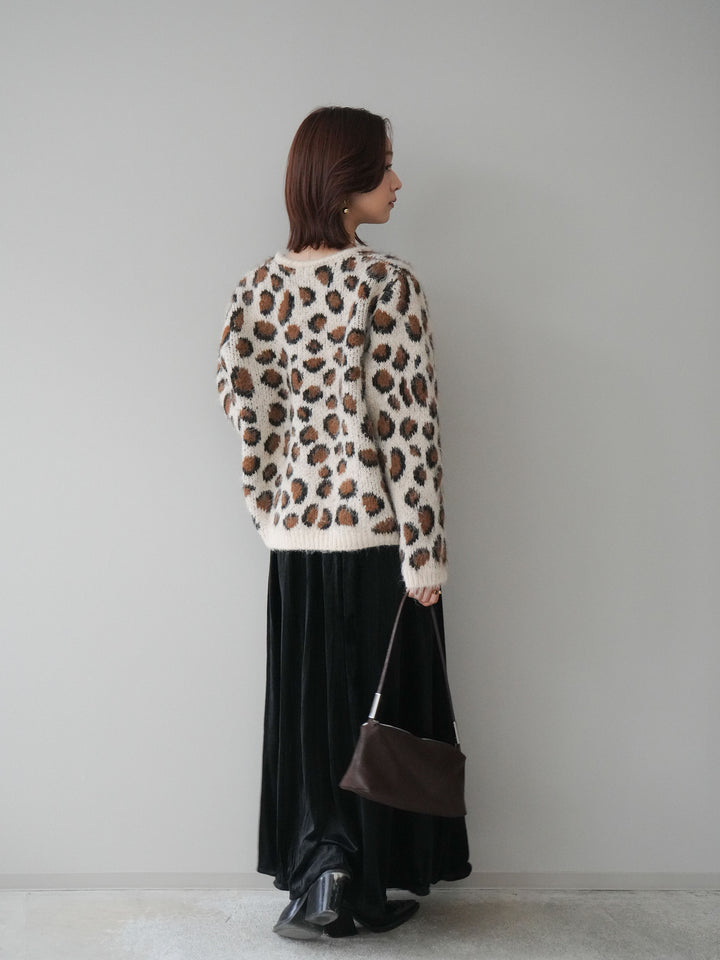 [SET]モヘアタッチレオパード柄ニットカーディガン+ワッシャーベロアプリーツスカート(2set)