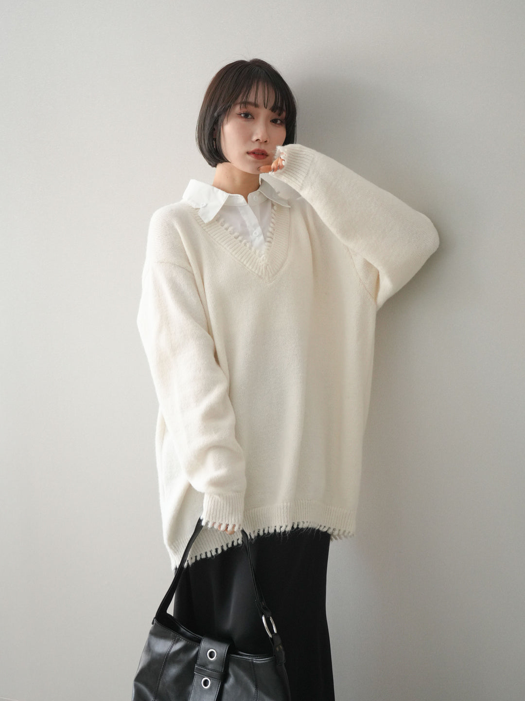 [SET]シャツドッキングVネックフリンジニットプルオーバー+選べるアクセセット(2set)