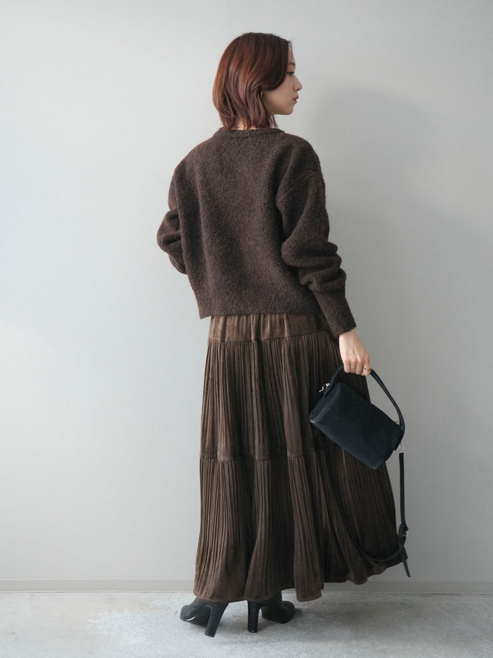 [SET]テープ刺繍ホック開きブークレニットカーディガン+ベロアティアードワッシャースカート(2set)