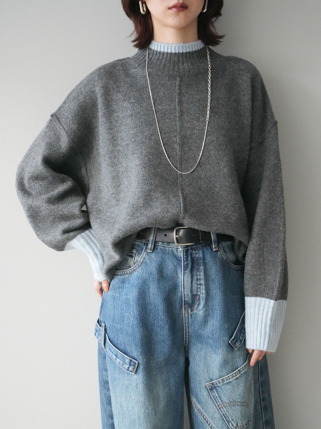 [SET]配色ハイネックニットプルオーバー+ペインターカーブデニムパンツ(2set)