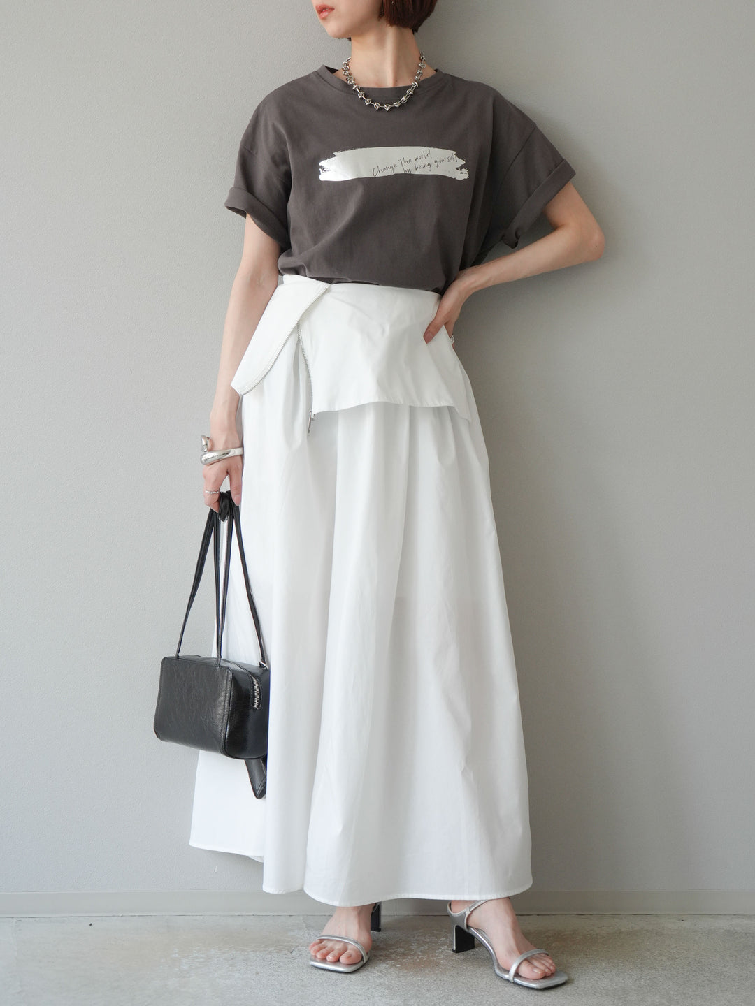 [予約]レイヤードジップデザインブロードフレアスカート/ホワイト