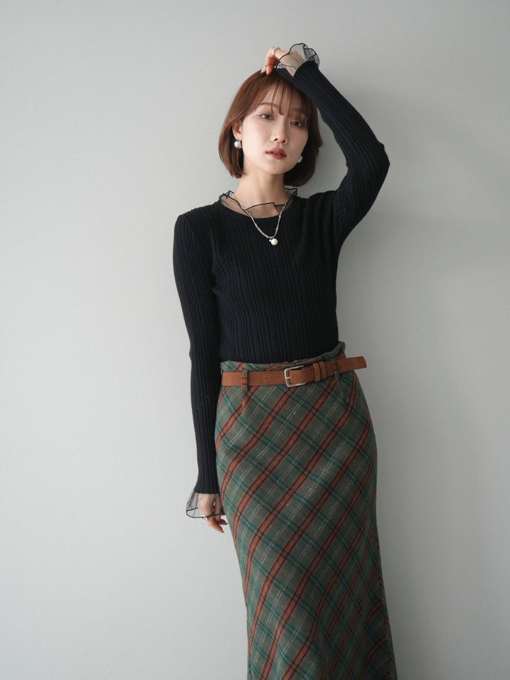 [SET]チュールドッキングリブニットトップス+ベルト付チェック柄ナロースカート(2set)