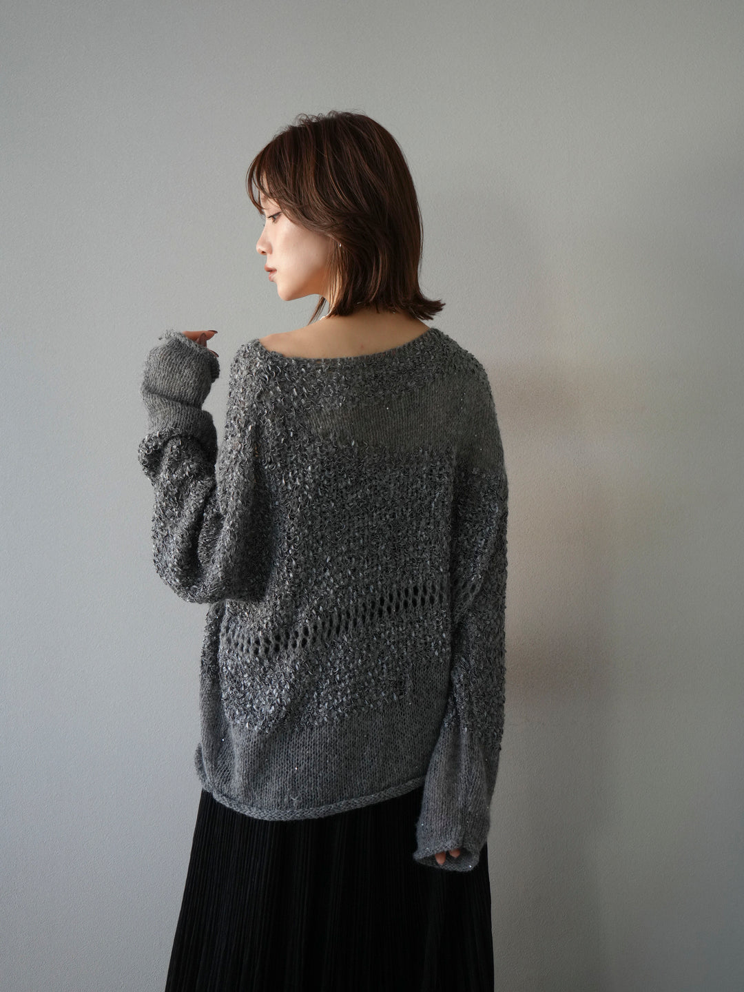 [予約]ミックスヤーンデザイン編みメッシュニットプルオーバー/グレー