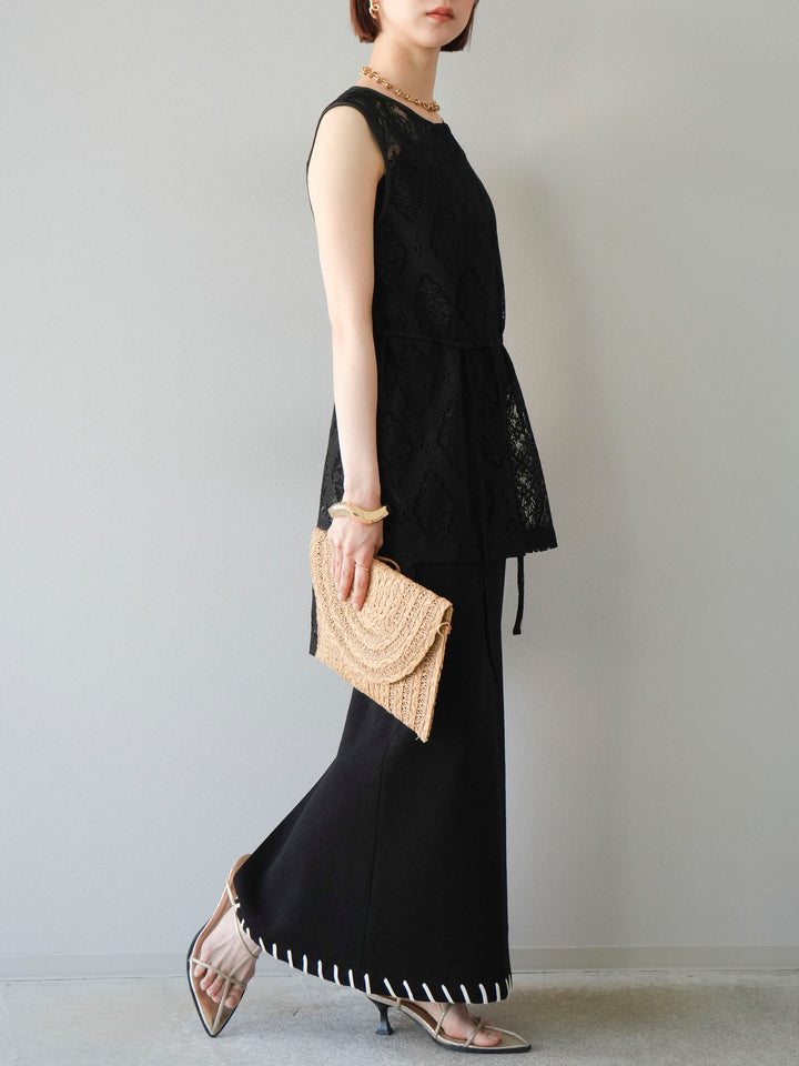 【預購】亞麻質感手縫針織緊身裙/黑色