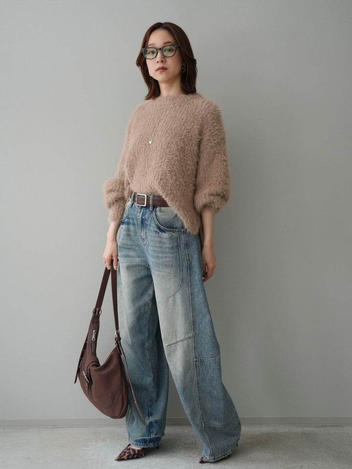 [SET]ボリュームスリーブシャギー MIXニットプルオーバー+ベルト付カーブデニムパンツ(2set)