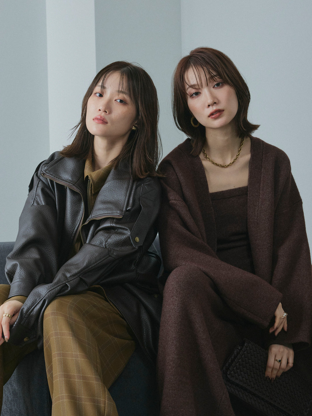 【Allure】[SET]スタンドカラーレザーブルゾン+杢チェックZIPシャツジャケット+杢チェックタックパンツ(3set)