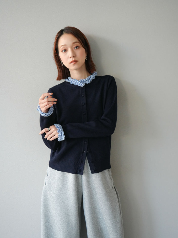 [予約]フリルデザインコンパクトニットカーディガン/ネイビー