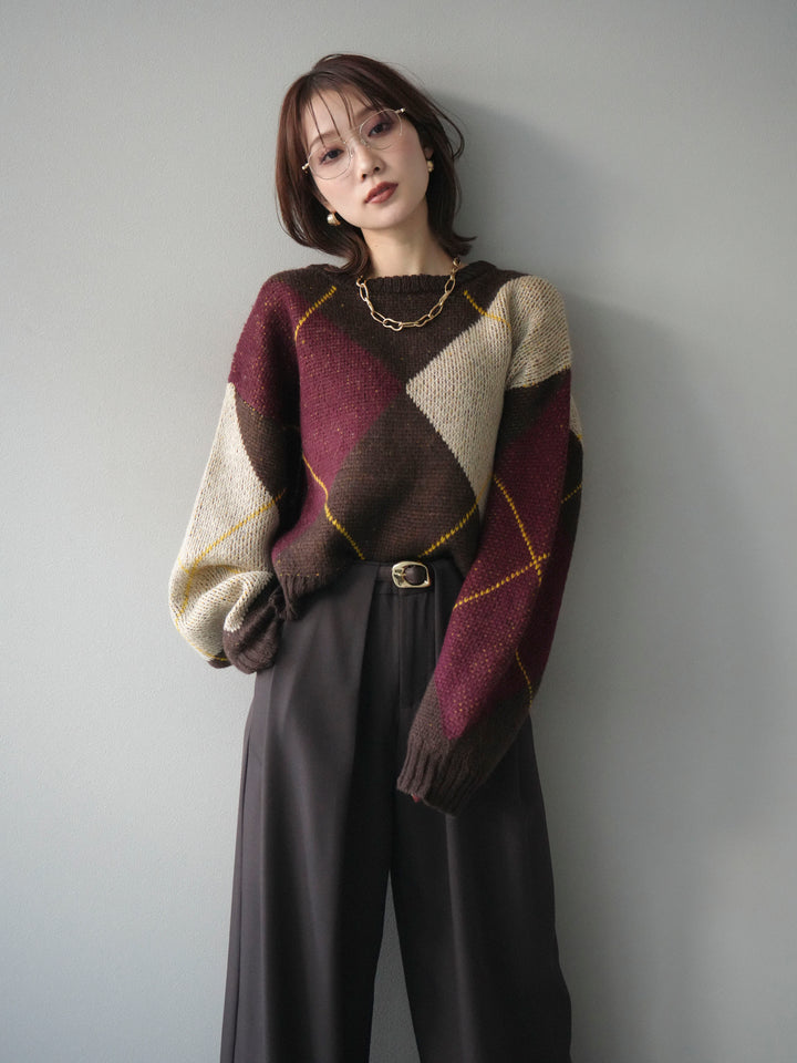 [予約]配色ステッチアーガイル柄ニットプルオーバー/brown