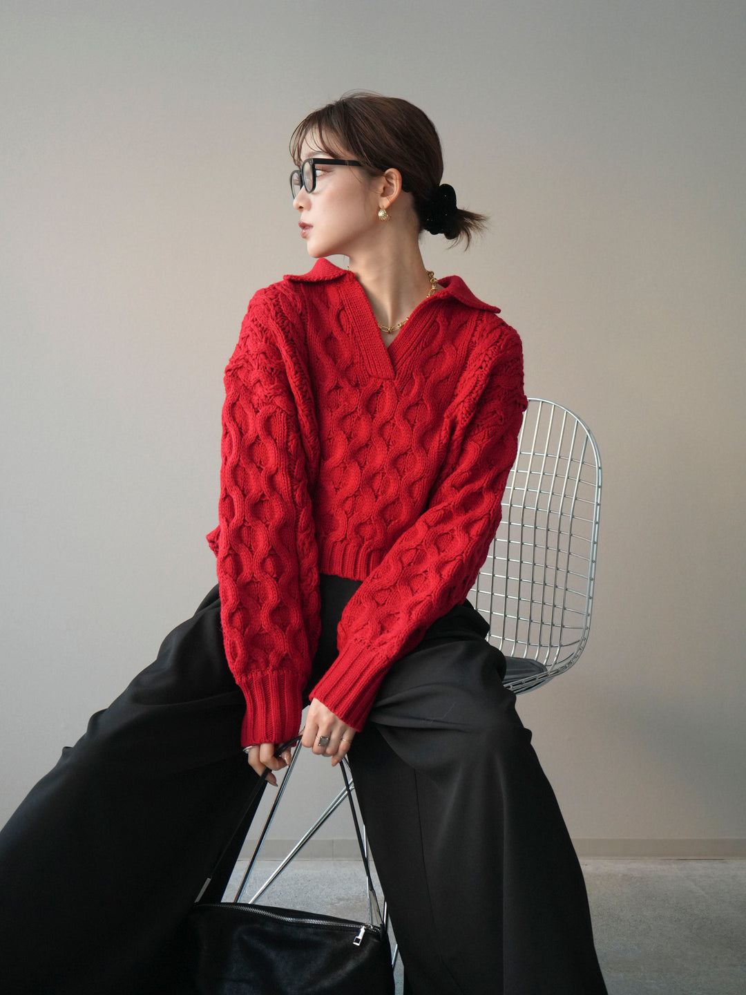 [SET]バルキーケーブルクロップド開襟プルオーバー+テープベルトタックバギーパンツ(2set)