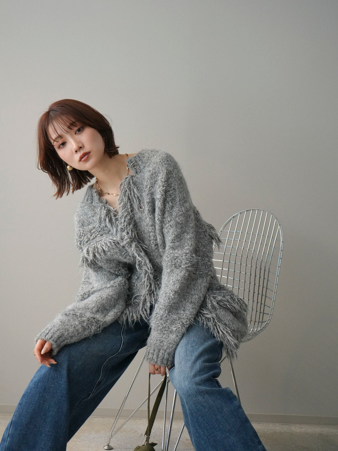 [予約]ミックスヤーンフリンジデザインニットジャケット/gray