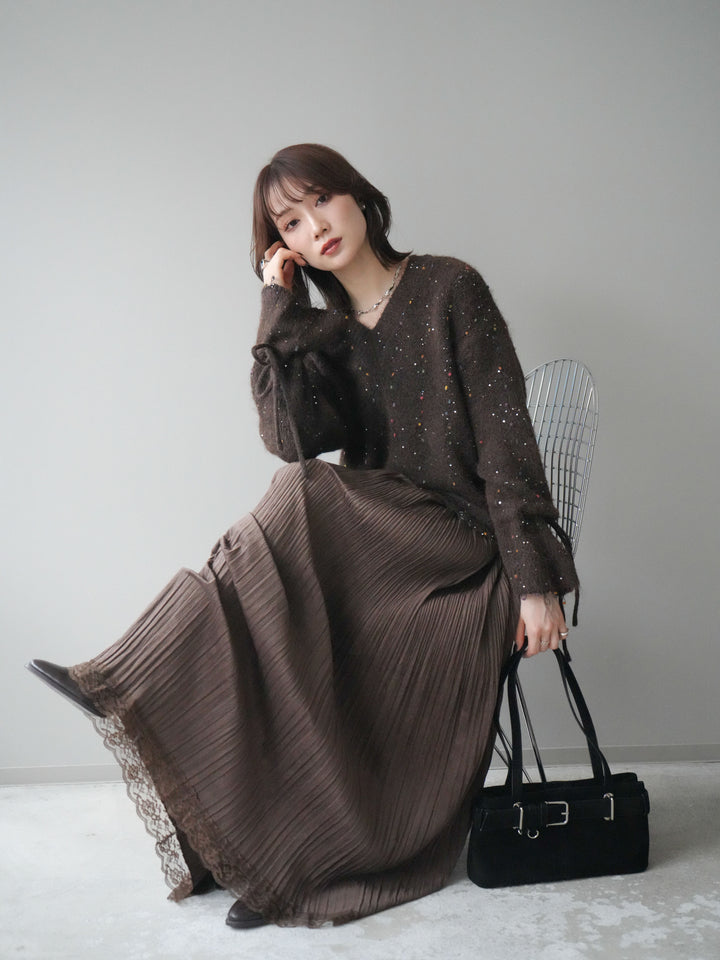 [予約]キャンディースリーブカラーネップスパンコールニットプルオーバー/brown