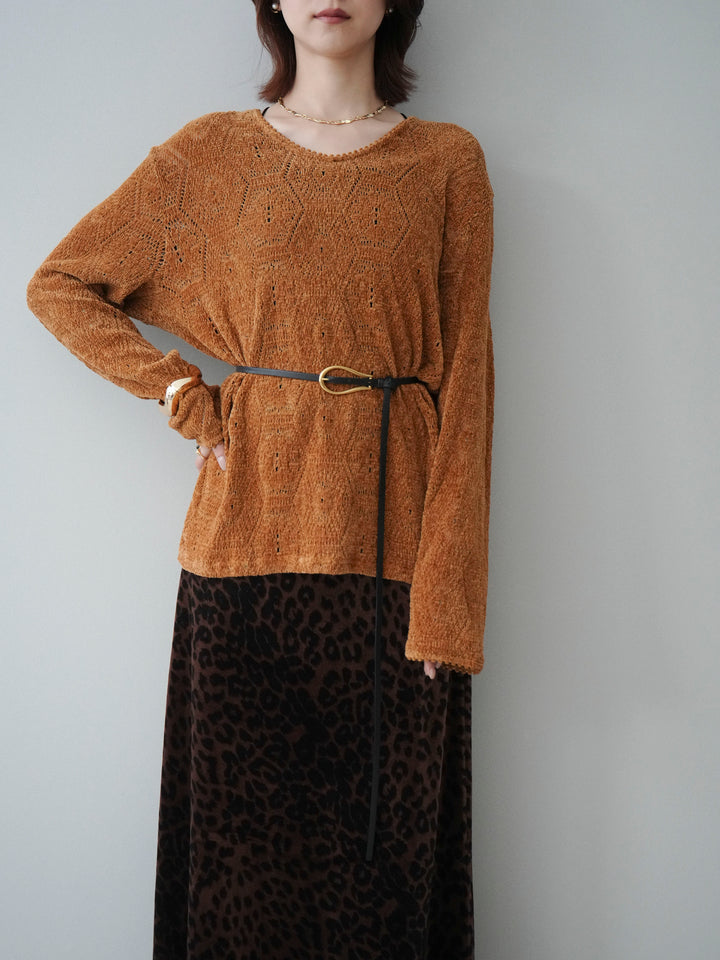 [SET]モール透かし編みニットトップス+レオパードベロアナロースカート(2set)