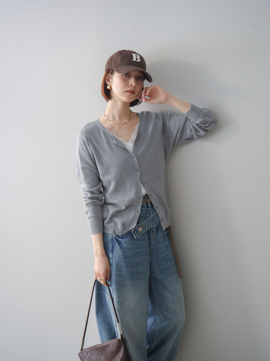 [SET]レースレイヤードニットカーディガン+アシメデザインワイドデニムパンツ(2set)