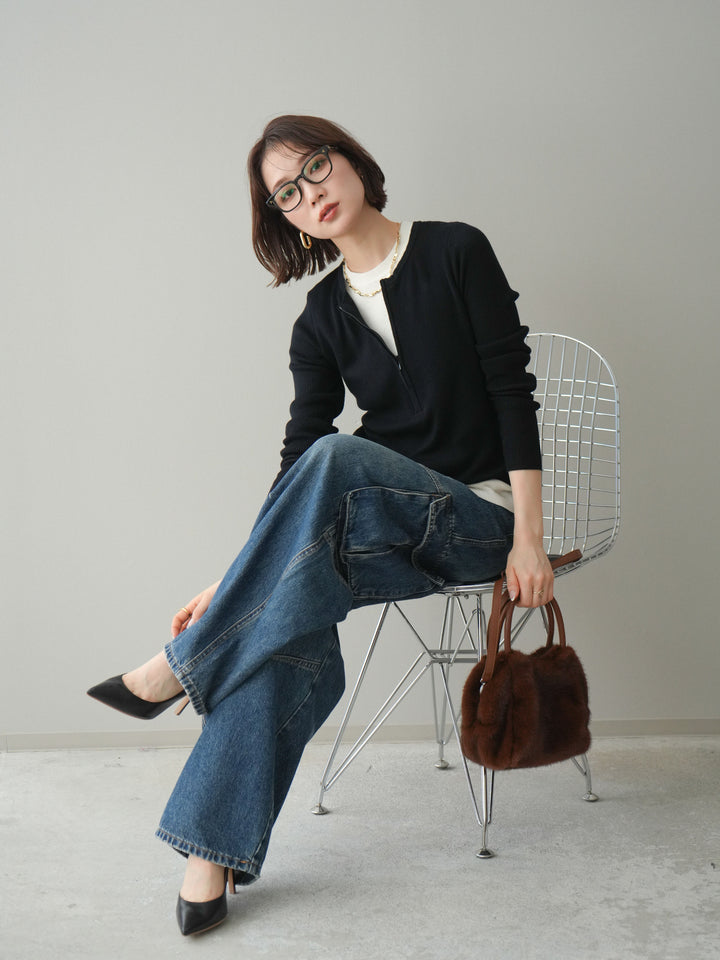 [予約]フロントジップ配色レイヤードニットトップス/navy