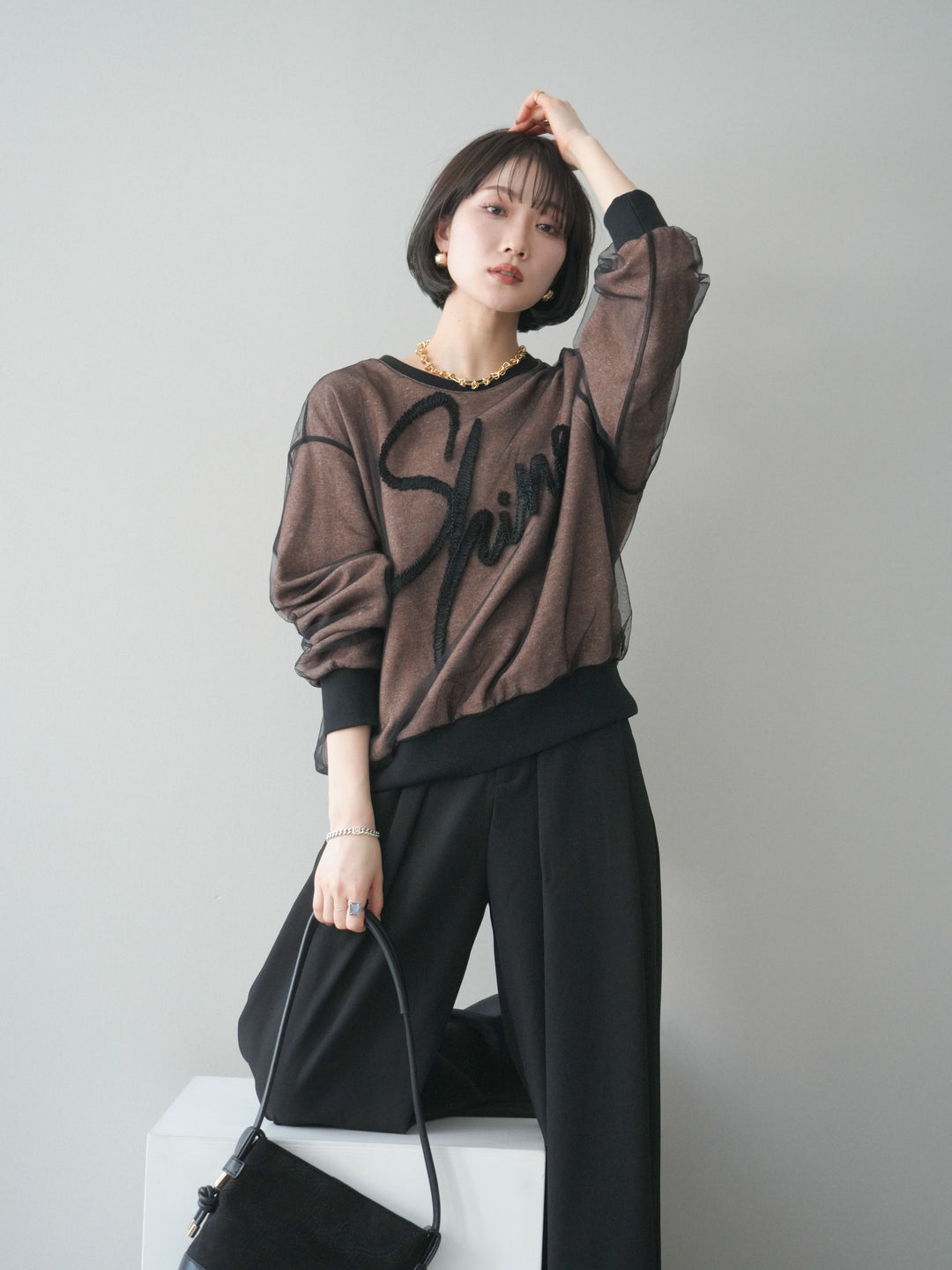 [予約]チュールレイヤードロゴスエットプルオーバー/brown