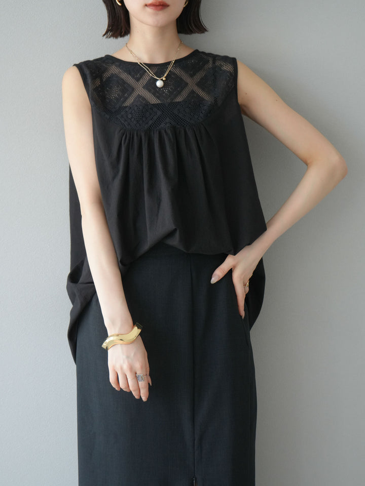 [予約]インド製コットンレース切替ノースリブラウス/ブラック