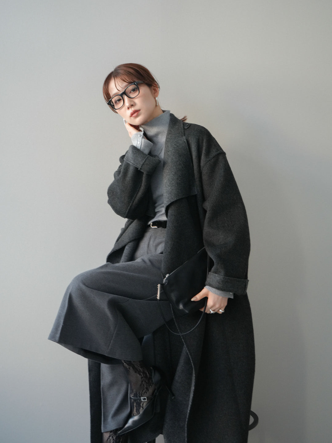 [予約]ダブルフェイスバイカラーロングコート/charcoal