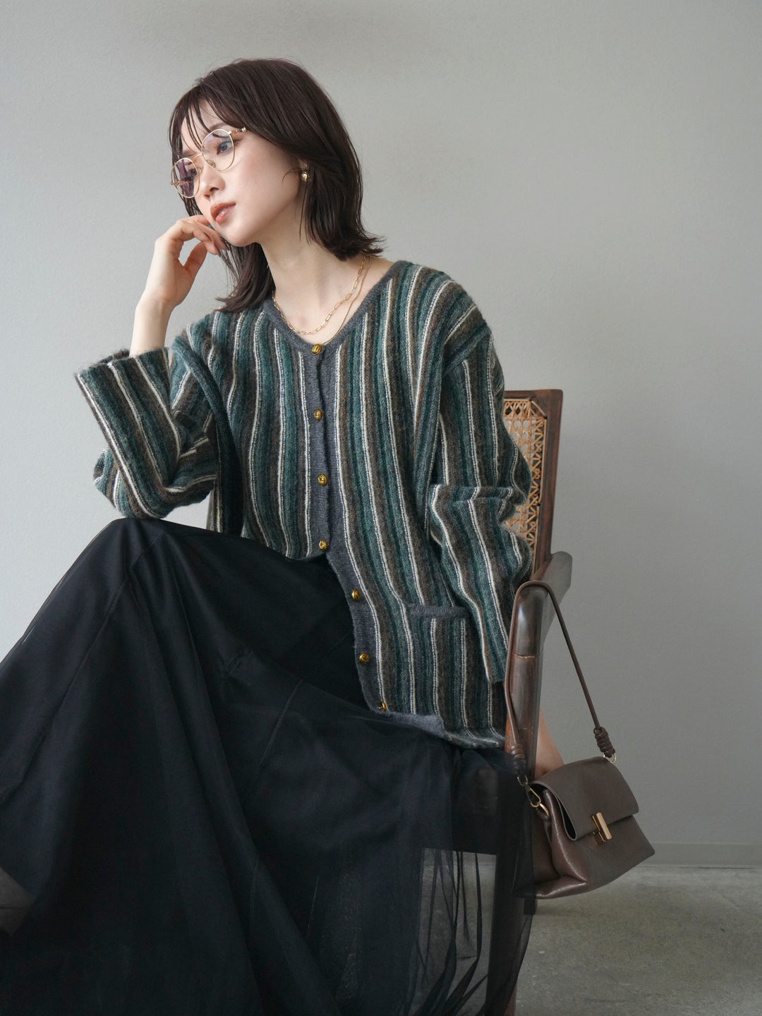 [予約]アンティークボタンストライプニットカーディガン/charcoal