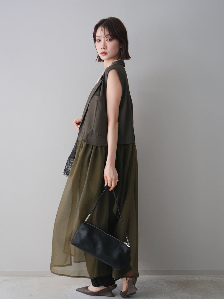 [SET]シアーレイヤードテーラードロングジレ+レーストリムキャミソール+2WAYデザインスウェットパンツ(3set)