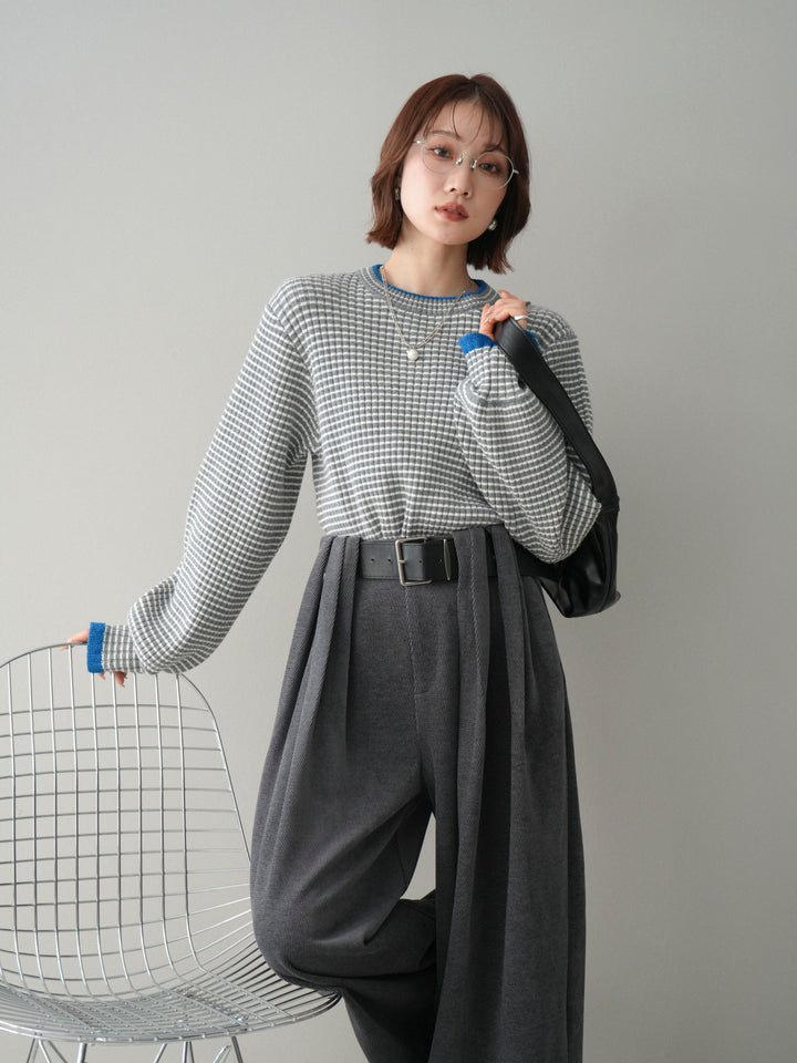 [予約]ラメ異素材ボーダーリブニットプルオーバー/charcoal×blue