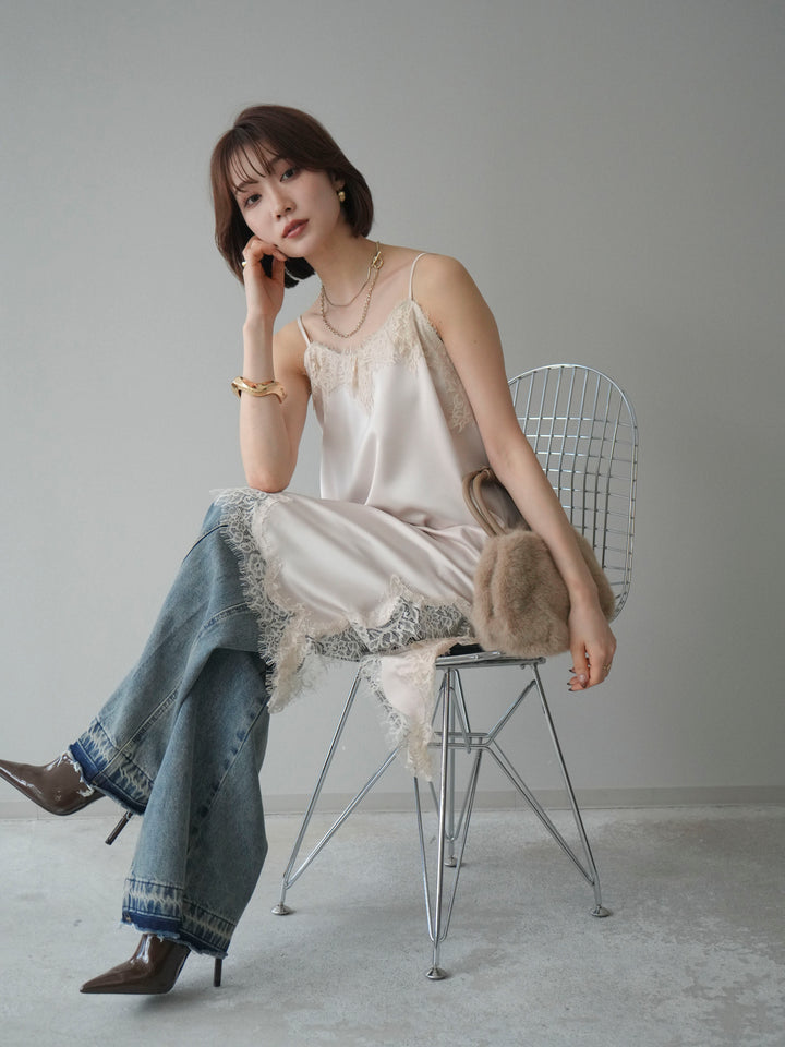 [予約]アシンメトリーサテンレースキャミソール/ecru