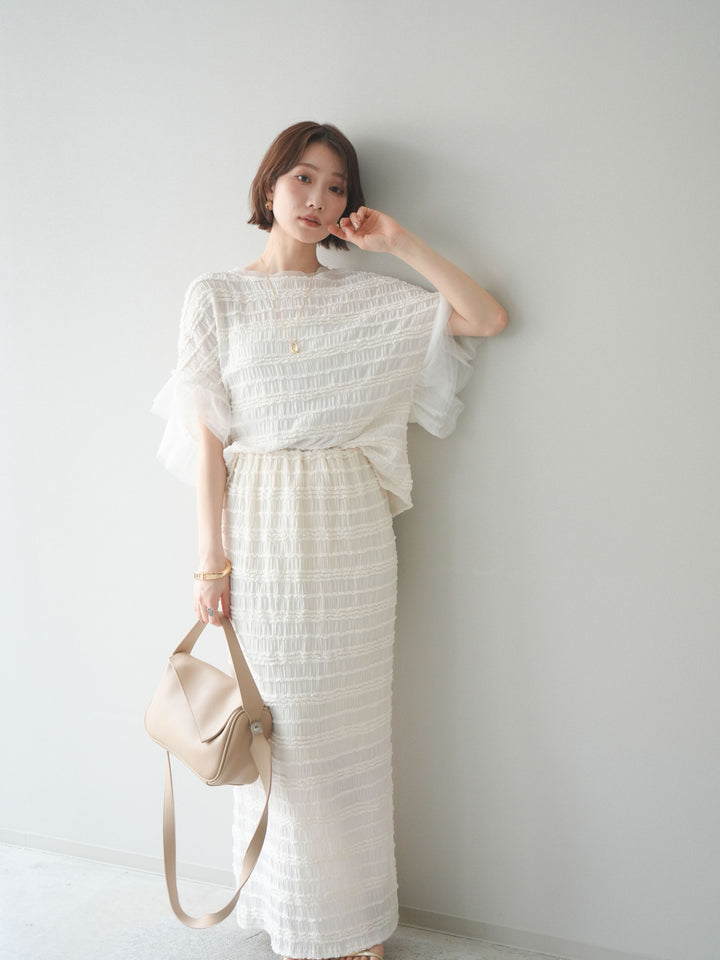 [SET]チュール袖リップルトップス+リップルIラインスカート(2set)