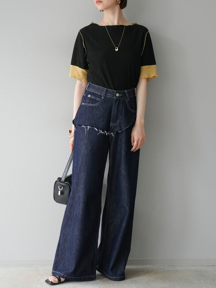 [SET] 百褶同色船領套頭衫 + 臀部設計牛仔褲（2 件組）