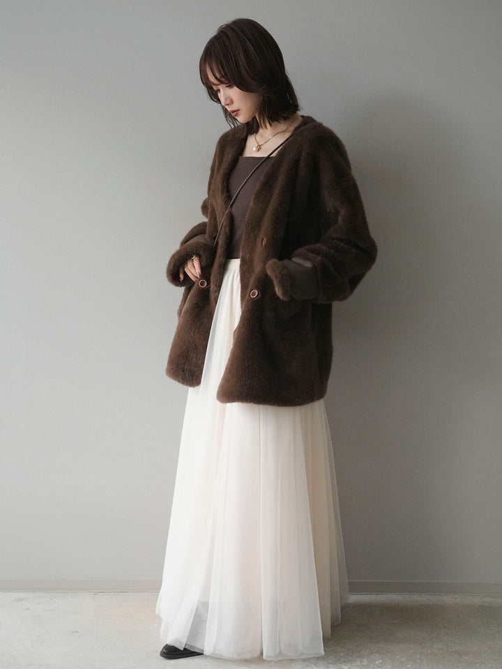 [SET]バッグ付エコファーノーカラーコート+チュールボリュームスカート(2set)