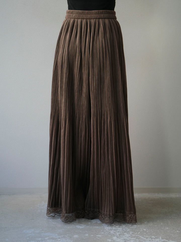 【預購】蕾絲襯裡麂皮褶皺長裙/棕色