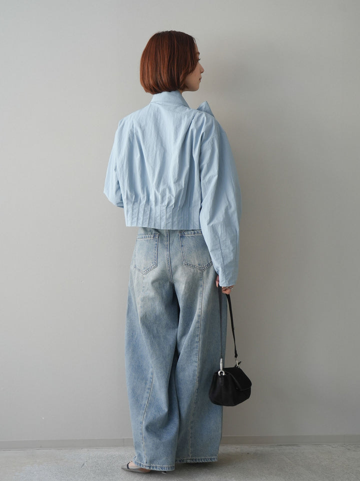 [SET]ボウタイ裾プリーツライトジャケット+フロントビジューカーブデニムパンツ(2set)