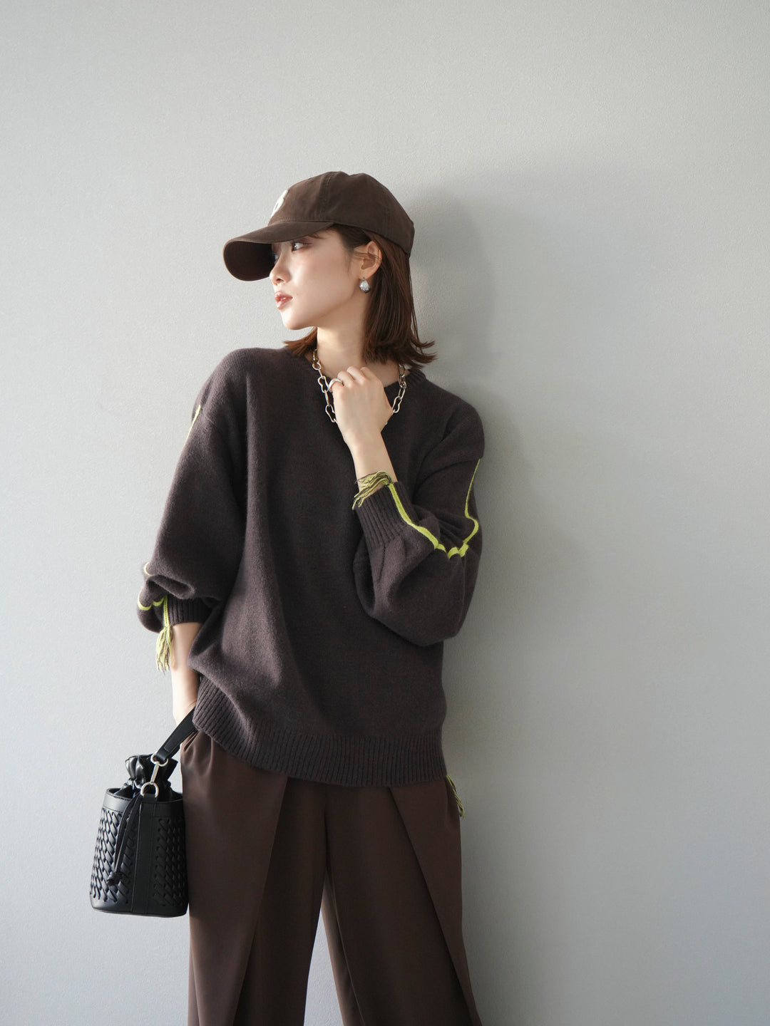 [予約]配色ステッチフリンジニットプルオーバー /ブラウン