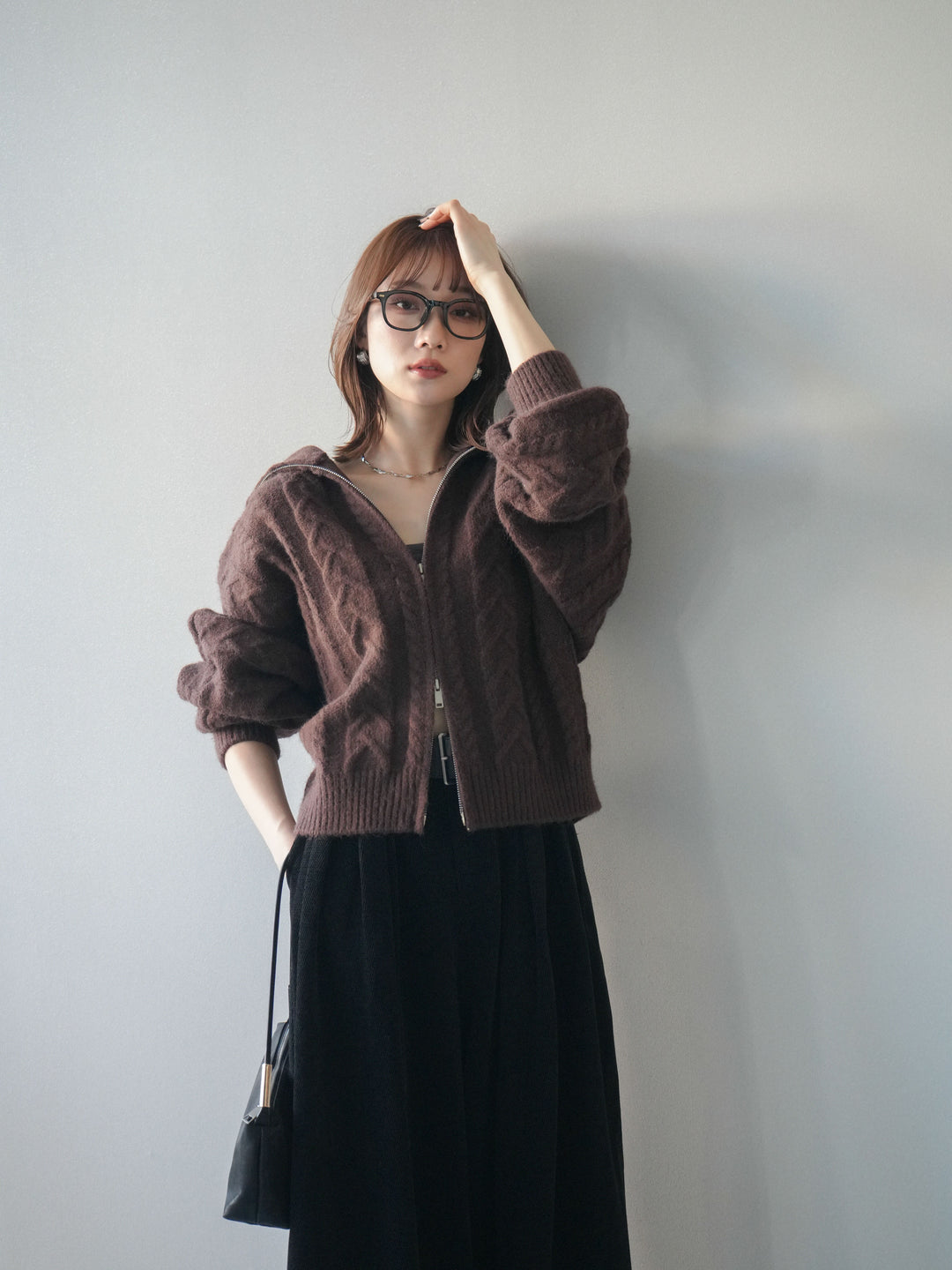 [SET]ケーブル編みハイネックZIPニットカーディガン+ケーブル編みハイネックZIPニットカーディガン(2set)