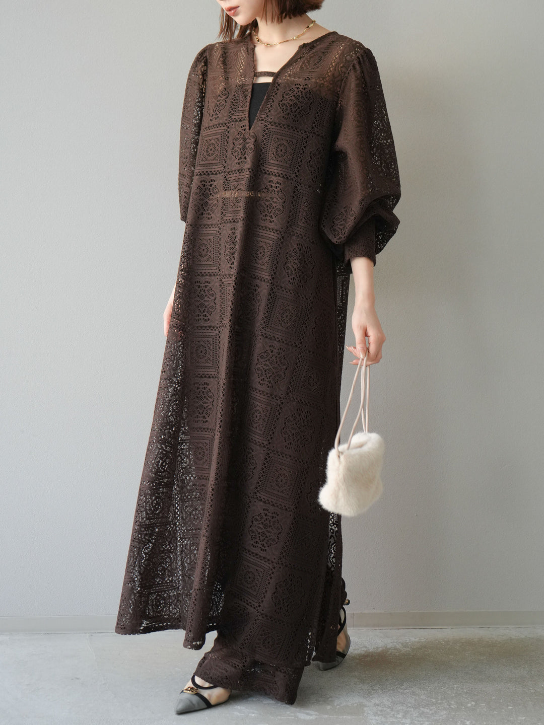 [予約]ブロックレースボリュームスリーブワンピース/ブラウン