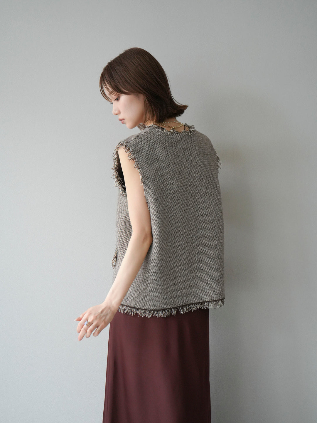 [予約]ツイードライクフリンジニットベスト/ブラウン