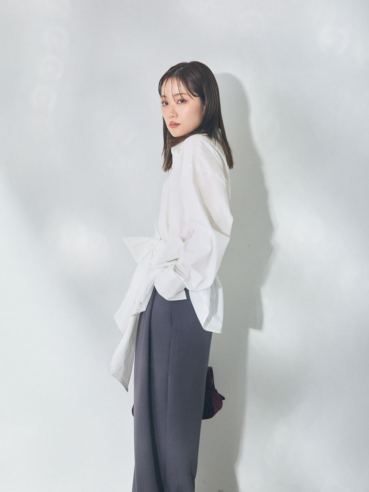 【Allure】[SET]ウエストアシメリボンシャツ+ベルトループデザインワイドパンツ(2set)