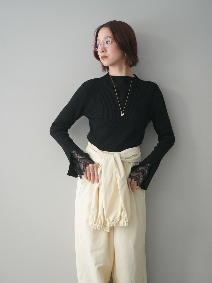 [SET]袖スカラップレースオフネックニットトップス+ウエスト巻きデザインドロストコットンナイロンパンツ(2set)