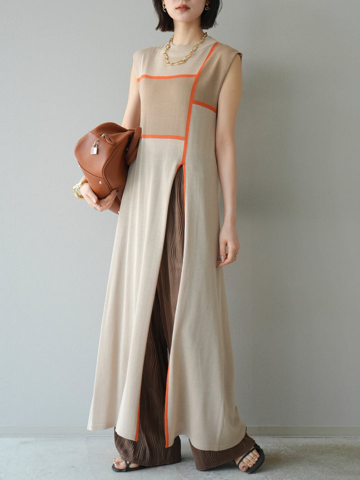 [予約]配色スリットニットワンピース/ベージュ