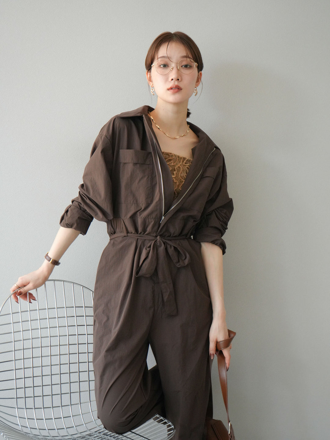 [予約]ナイロンジャンプスーツ/ブラウン