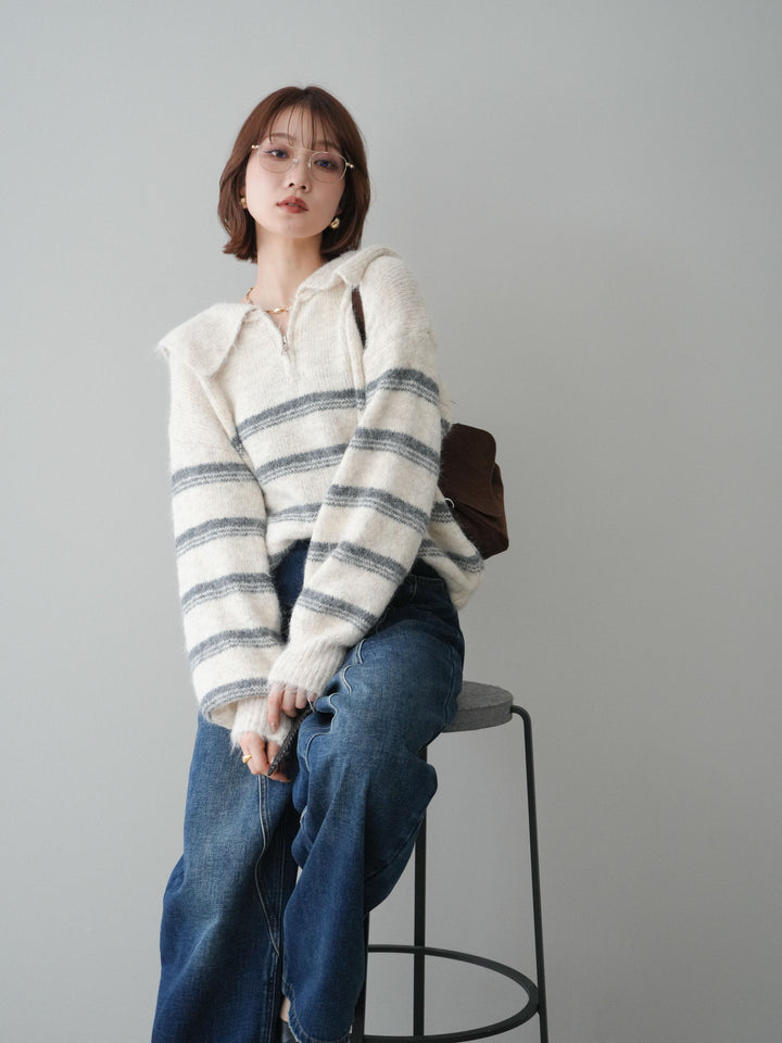 [予約]ハーフジップボーダーニットプルオーバー/ivory