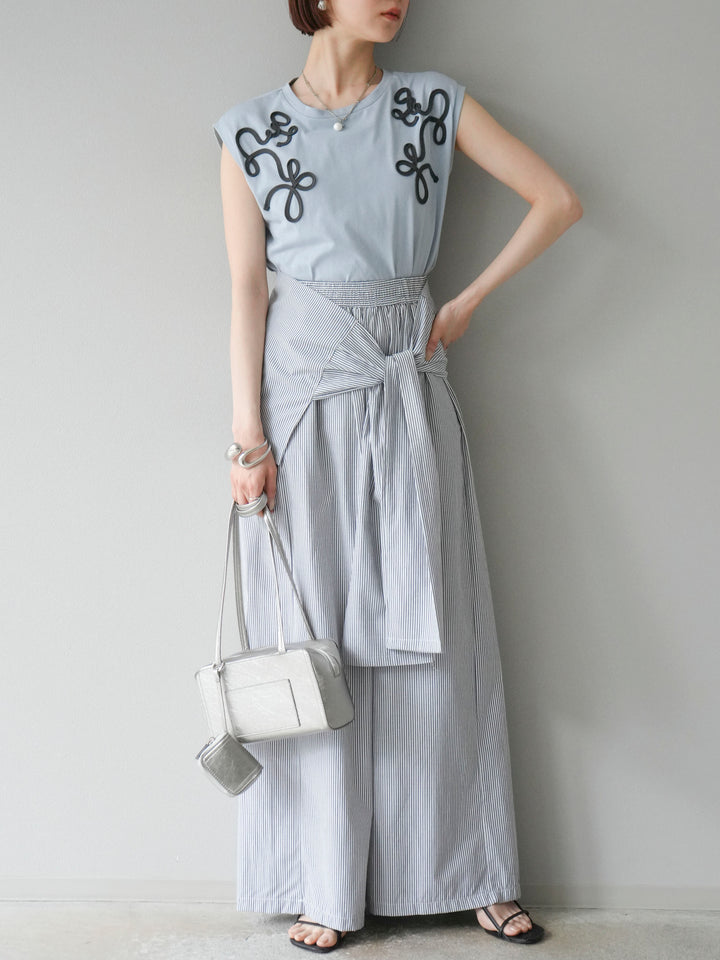 [SET]コード刺繍フレンチスリーブTシャツ+ウエスト巻きストライプイージーパンツ(2set)