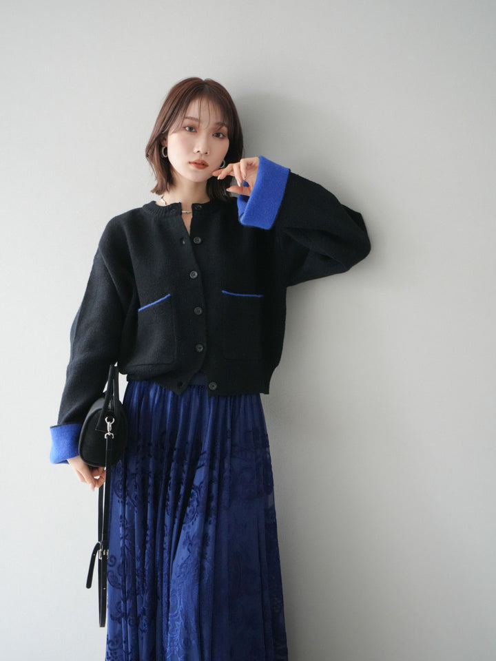 [SET]バイカラーオーバーニットカーディガン+アンティーク柄フロッキーマキシスカート(2set)