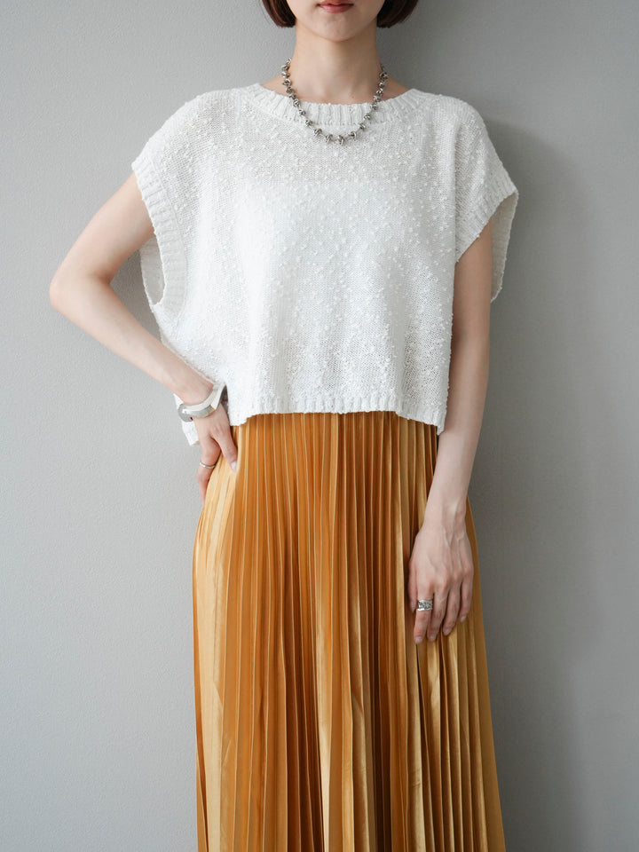 [SET]ネップヤーンクロップドニットベスト+サテンプリーツマキシスカート(2set)