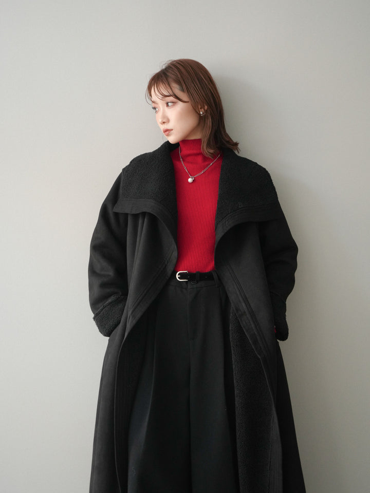 [SET]BIGカラームートンコート+袖ボタンボトルネックリブニットトップス(2set)