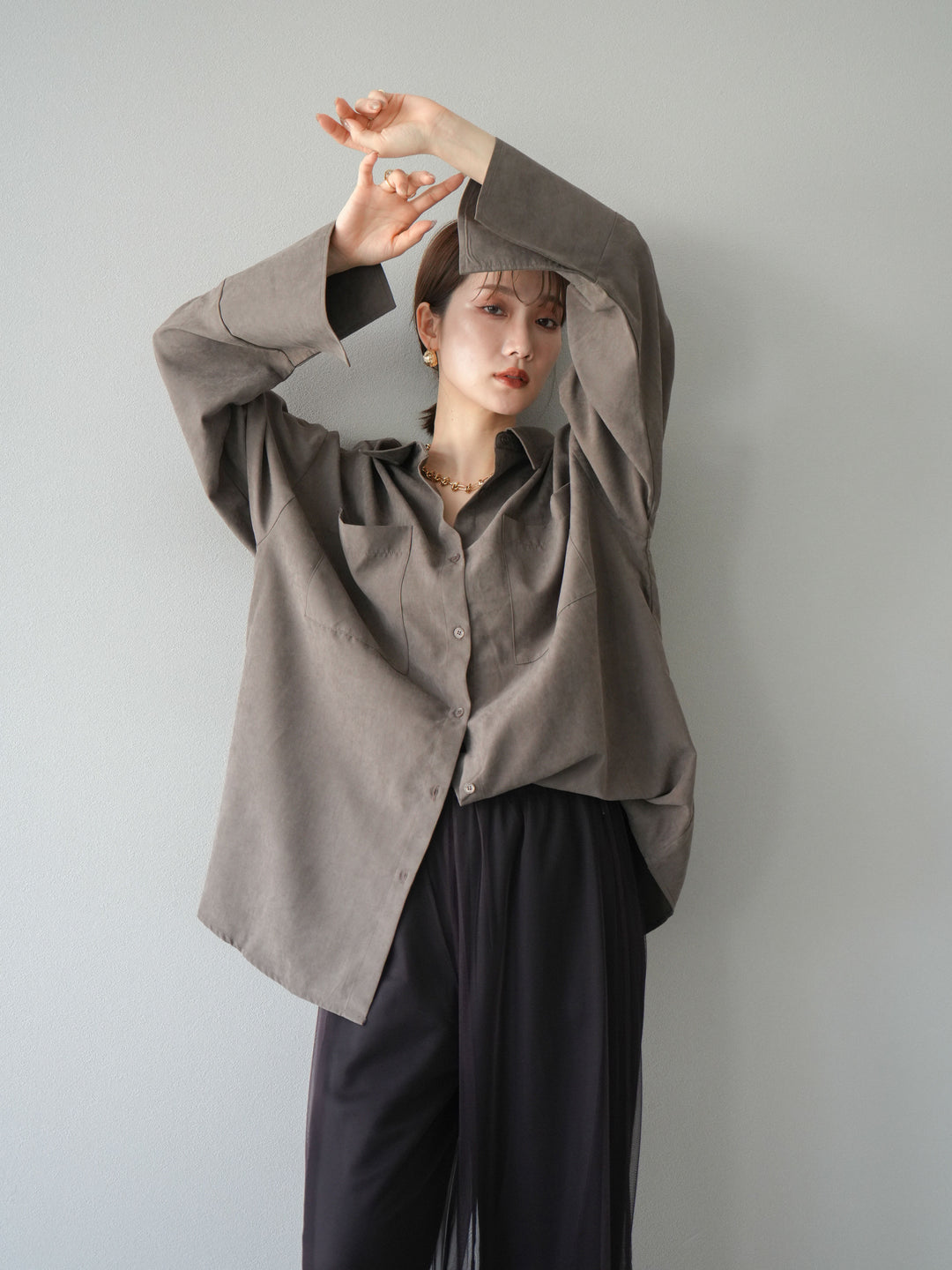 [予約]スエードライクBIGカフスオーバーシャツ/ブラウン