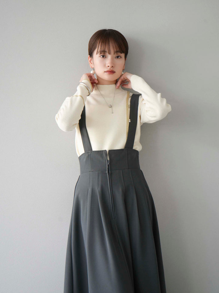 [預訂] 瓶頸配色設計紐扣針織上衣/象牙色