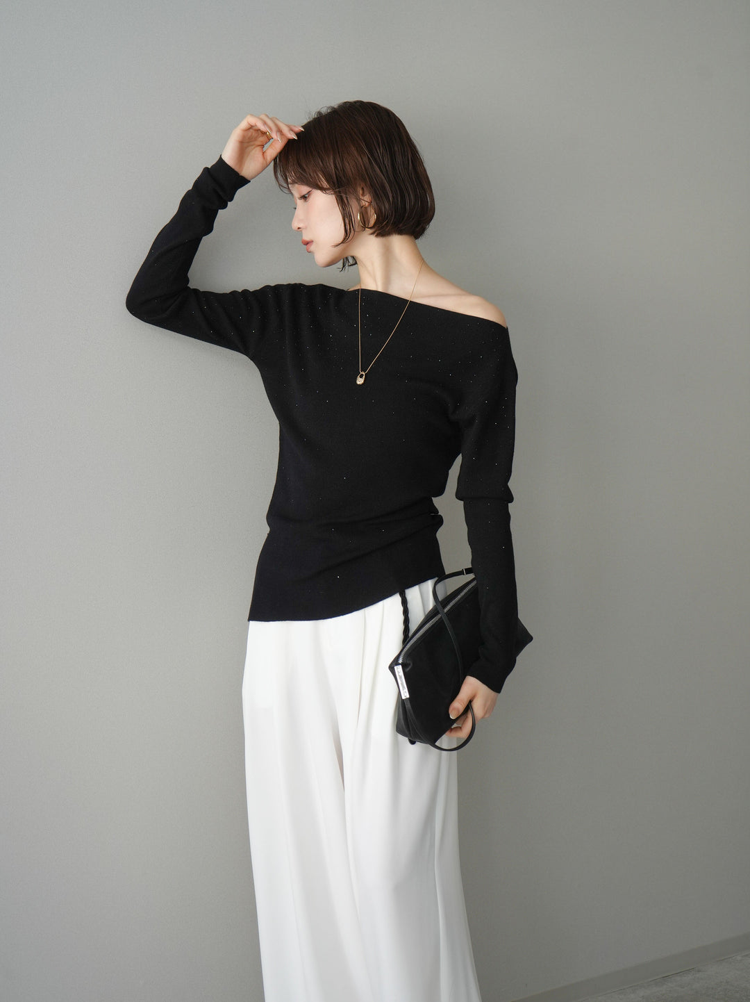 [予約]ラインストーンアシンメトリーニットトップス/black