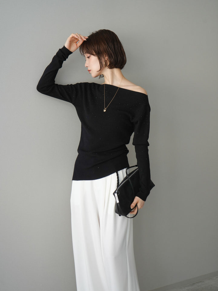 [予約]ラインストーンアシンメトリーニットトップス/black